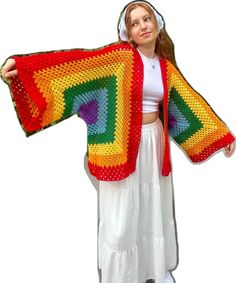 Multicolor Oversized Beach Sweater, Oversized Multicolor Beach Sweater, Trendy Multicolor Sweater For Beach, Casual Crochet Acrylic Outerwear, Casual Crochet Outerwear In Acrylic, Multicolor Oversized Cardigan For Festivals, Casual Acrylic Yarn Cardigan, Hippie Crochet Cardigan For Fall, Casual Granny Square Cardigan For Winter