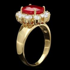 For Sale on 1stDibs - 4.60 Carats Impressive Red Ruby and Natural Diamond 14K Yellow Gold Ring Total Red Ruby Weight is: Approx. 3.40 Carats Ruby Measures: Approx. 10.00 x 8.00mm Anniversary Red Cluster Ring Stamped 14k, Luxury Red Ruby Cluster Ring, Gold Gia Certified Ruby Ring, Classic Red Sapphire Ring With Brilliant Cut, Red Cluster Ring With Brilliant Cut, Red Cluster Ring With Brilliant Round Cut, Red Cluster Ring With Prong Setting, Red Cluster Ring With Prong Setting, Round Cut, Red Oval Sapphire Ring With Brilliant Cut