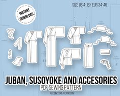 Makes a traditional kitsuke kit to wear as underwear with your kimono that includes several types of juban, susoyoke, obi accessories and more. The set includes instructions to make nagajuban, hanjuban, hadajuban, hadagi, susoyoke, obi ita, obi makura, obiage, datejime, han eri, eri shin and koshihimo. With this pattern you can make your own Japanese outfit, costume or cosplay, perfect for those who have no time to make their own patterns but would like to create their own clothes in an easy way Plus Size Patterns, Kimono Pattern, Diy Sewing Clothes, Japanese Outfits, Sewing Skills, Pdf Sewing Patterns, Sewing Clothes, Comfy Outfits, Halloween Outfits