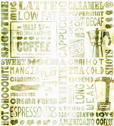 the word coffee written in different languages on a white background with green and yellow colors