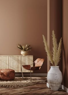 a living room with brown walls and furniture in the corner, along with a rug on the floor