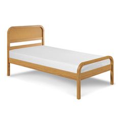 a wooden bed frame with no mattress on it