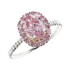 A beautiful and elegant ring centered with a natural oval-shape, Fancy Purplish Pink diamond, accented with a cluster of round brilliant-cut pink diamonds, with white round brilliant-cut diamonds along the shank. The center stone accompanies a gemological certificate from GIA stating the color as Fancy Purplish Pink, with natural and even color, stamped P950 and 750, size 6 1/2 US. Pink Diamond Halo Ring, Emilio Jewelry, Buttercup Ring, Top Engagement Rings, Contemporary Bridal, Pink Diamond Ring, Platinum Diamond Engagement Rings, Pink Diamonds, Handmade Engagement Rings