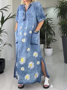 Description SPU: YSHMY240809 Style: casual Color:blue Season: summer Neckline:V-neck Sleeve Length: short sleeve Material: Cotton Size: S/M/L/XL/2XL/3XL/4XL/5XL Size Chart： Length Sleeve Length Bust CM inch CM inch CM inch S 138 54.3 29 11.6 104 40.9 M 139 54.7 30 12.0 109 42.9 L 140 55.1 31 12.2 114 44.9 XL 141 55.5 32 12.6 119 46.9 2XL 142 55.9 33 13.0 124 48.8 3XL 143 56.3 34 13.4 129 50.8 4XL 144 56.7 35 13.8 134 52.8 5XL 145 57.1 36 14.2 139 54.7 This data was obtained from manually measuri Light Wash V-neck Denim Dress, Printed Denim Dress, Daisy Print, Printed Denim, Relaxed Style, Elegant Dresses, Denim Dress, Blue Dresses, Style Casual