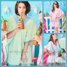 "Ladies swim coverup, Swimsuit Cover up, beach cover up, Swim cover, Seersucker, Pom Pom cover up Pom-Pom Cover-Up! Be your perfect, preppy and fabulous looking self this summer in this seersucker cover-up detailed with fun pom-pom trim. Loose-fitting, free-flowing and perfect to slip on/off at the beach, pool or lake. Cotton/Poly Blend 3\" Vertical Side Stitch under Bust V-Neck Coordinating Color Detail Sizes: XS/S (2/6), M/L (8/12), XL/XXL (14/18) Sizes Measurements (Chest 1\" Underarm, One-Si Coverup Swimsuit Cover, Coverup Swimsuit, Cover Up Beach, Circle Font, Side Stitch, Swim Coverup, Pom Pom Trim, Pink Tulips, Trim Color