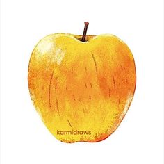 an orange colored apple with the word karmidraws written on it's side