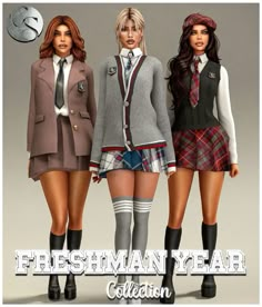 three girls dressed in school uniforms are standing next to each other and the caption reads, freshman year collection