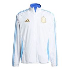 the adidas jacket is white and blue with gold on the chest, along with two stripes