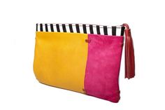 Handmade yellow clutch purse with pink and blue panels. Playful, colorful, embellished with tassel red details and black and white stripes it is perfect match for any occasion and time of a day. Crafted from softest textured leather in diferent color panels is testament to fine leather craftmanship. Choose side of this clutch that will fit your mood better.This beautiful purse is unique and the best gift for her you will ever need. This slim-line piece is detailed with red stitching, red leather Chic Yellow Clutch For Daily Use, Chic Yellow Clutch For Gift, Chic Yellow Clutch As Gift, Chic Yellow Clutch As A Gift, Chic Yellow Rectangular Clutch, Yellow Pouch Clutch, Trendy Yellow Rectangular Pouch, Yellow Rectangular Clutch For Everyday Use, Chic Multicolor Clutch With Removable Pouch