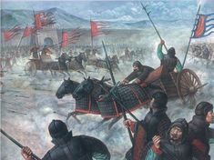 a painting of men on horses in the snow with flags and poles flying above them