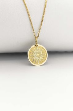 Welcome to ElegantGoldJewels,  Find all the information you need about your charm: Material of pendant: 14K Solid Gold Stamp: 585 (14K) Thickness: 0.5mm Jumpring Diameter: 4mm The pendant is available in 6 sizes: - 13mm / 0.52 inches - 15mm / 0.59 inches - 18mm / 0.70 inches - 20mm / 0.78 inches - 22mm / 0.86 inches - 24mm / 0.94 inches - 26mm / 1.02 inches - 28mm / 1.10 inches - 30mm / 1.18 inches Chains Information: Rolo Chain: -14K Real Gold - 0.70mm thick - Spring Ring Clasp - 16 inches / 40 Sterling Silver Charm Necklace With Sun And Moon Design, Celestial Yellow Gold Charm Necklaces, Everyday Round Charm Necklace With Moon Phase, Celestial 14k Gold Round Pendant Jewelry, Celestial Yellow Gold Charm Necklaces For Everyday, Yellow Gold Spiritual Charm Necklace With Moon Charm, Celestial Yellow Gold Charm Necklaces With Moon Phase, Celestial 14k Gold Medallion Jewelry, Celestial Yellow Gold Moon Phase Charm Necklaces