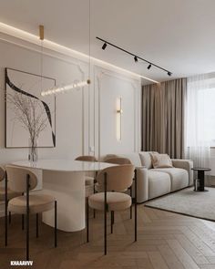 a living room filled with furniture next to a dining table and chairs in front of a window