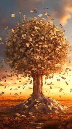 a tree with money falling from it's branches in front of an orange sky