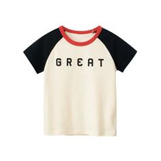 Add a pop of color to your little one's wardrobe with our Triple Tone GREAT Statement T-Shirt. Designed for maximum comfort and style, this shirt is perfect for any activity, from the park to playdates. Its vibrant design effortlessly combines playfulness and practicality, making it a must-have for daily wear. Features: Material: Composed of cotton, ensuring softness. Pattern Type: Features an animated illustration for a playful touch. Sleeve Length: Designed with long sleeves for coverage on co Trendy Cotton Tops For Playwear, Casual Letter Print T-shirt For Playtime, Cotton Tops With Letter Print For Playtime, Playful Short Sleeve Tops With Slogan, Playful Slogan Top With Short Sleeves, Playful Short Sleeve Slogan Top, Playful Slogan Short Sleeve Tops, Crew Neck Tops With Letter Print For Playtime, Relaxed Fit Crew Neck Top For Playtime