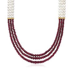 Ross-Simons - 4.5-5mm Cultured Pearl, 160.00ct t. w. Ruby Bead Necklace, Gold Over Sterling. 18". Elegant and unique, this striking necklace is stylishly split between 4.5-5mm cultured freshwater semi-baroque pearls and 160.00 ct. t. w. rondelle ruby beads. Finishes with an 18kt yellow gold over sterling silver lobster clasp and 2" extender, plus two stations that highlight the meeting of these marvelous gems. Graduates from 3/8" to 5/8" wide. Ruby bead and white pearl necklace. Pearl birthstone Multi-strand Pearl Necklaces With Faceted Beads, Elegant Multi-strand Pearl Necklace With Faceted Beads, Pearl Briolette Jewelry With Gemstone Beads, Elegant Multi-strand Pearl Necklace With Polished Beads, Double Strand Pearl Necklaces With Gemstone Beads, Formal Pearl Necklace With Faceted Beads, Multi-strand Pearl Necklace With Gemstone Beads, Elegant Double Strand Pearl Necklace With Polished Beads, Rondelle Pearl Necklace With Polished Beads