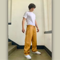 Material: 100% Genuine Leather Yellow Pants Outfit Men, Yellow Men Outfit, Yellow Pants Outfit, Mustard Yellow Pants, Mustard Pants, Masc Outfits, Trending Colors, Pants Outfit Men, Baptism Outfit