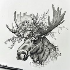 a drawing of a moose with flowers in its antlers on it's head