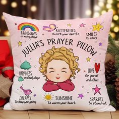 a pink pillow with the words julia's prayer pillow on it