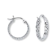 Hoops crafted of 14K white gold are textured with an eye-catching diamond-cut pattern in these earrings for her. The earrings secure with hinged backs. Kay Jewelers, Accessories Jewelry Earrings, Summer Jewelry, White Metal, Earring Backs, Designer Earrings, Ear Piercings, Fashion Earrings, Diamond Jewelry