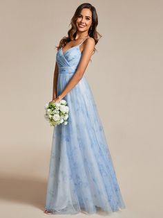 This V-neck evening dress features a gorgeous floral and is made of tulle fabric. The high waist and pleated design of this dress are very exquisite Summer Bridesmaid Gown With V-neck, Summer V-neck Gown With Fitted Bodice, Prom Dress With Delicate Straps And V-neck, Delicate Straps V-neck Prom Dress, V-neck Prom Dress With Delicate Straps, Fitted Bodice Tulle Gown With V-neck, V-neck Gown With Fitted Bodice And Tulle Material, Summer Tulle Maxi Dress With V-neck, V-neck Tulle Gown With Fitted Bodice