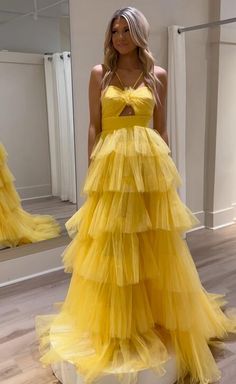 A-line Tulle Evening Dress With Ruffles, Yellow A-line Maxi Dress With Ruffles, Floor-length Ruffled Gown For Gala, Tulle A-line Evening Dress With Ruffles, Maxi Length Prom Dress With Ruffled Skirt, Floor-length Tulle Skirt Dress For Prom Season, Evening Tiered Tulle Gown, Evening Gown With Ruffled Skirt For Prom Season, Floor-length Evening Dress With Ruffled Skirt For Gala