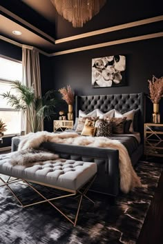 a bedroom with a large bed and lots of fur on the headboard, footstool