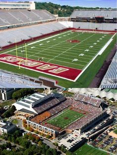 an aerial view of the football field at stanford university