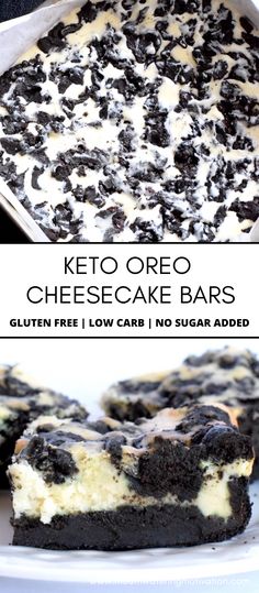 Keto Oreo Cheesecake Bars. Delicious cheesecake with low carb oreo crust and and topping! These cookies and cream bars are super fun looking and a great way to get your kids interested in a healthy treat! #ketooreocheesecake #ketocheesecakebars #ketocheesecake #ketooreos #ketocookiesandcream Oreo Cheesecake Bars, Cheesecake Bar, Keto Lasagna, Postre Keto, Low Carb Sweets, Keto Dessert Easy