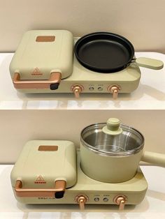 two pictures of an electric cooker with a pot on top