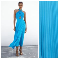 Nwt. Zara Bluish Cut Out Pleated Halter Midi Dress With Gold Buckle And Tie. Front Cut Out At Waist. Interior Lining. Back Hidden In-Seam Zipper Closure. Size S, M, L. Ref. 3564/111. Size S - Pit To Pit 15" Flat, Waist 14,5", Length 55". Size M - Pit To Pit 16" Flat, Waist 15", Length 55". Size L - Pit To Pit 17" Flat, Waist 15,5", Length 55". Blue Midi Length Pleated Dress For Evening, Elegant Sleeveless Blue Pleated Dress, Blue Pleated Party Dress, Chic Blue Pleated Party Dress, Chic Blue Pleated Dress For Party, Blue Midi-length Pleated Cocktail Dress, Blue Pleated Midi Dress For Cocktail, Blue Pleated Cocktail Dress, Blue Fitted Pleated Cocktail Dress