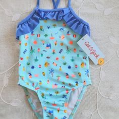 Brand New 18 Month Girl Swimsuit With Raffles On The Top And Little Prints All Over. Items Comes From Smoke And Pet Free Household. Brand Cat And Jack From Target Playful Light Blue Swimwear For Summer, Blue Summer Bodysuit For Playwear, Blue Fitted Bodysuit For Playtime, Fitted Blue Bodysuit For Playtime, Fitted Blue Bodysuit For Playwear, Playful Blue Bodysuit For Summer, Fun Blue Swimwear For Playtime, Playful Blue Summer Bodysuit, Playful Light Blue Swimwear For Spring