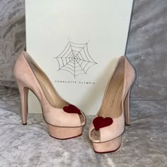 These Are Brand New Heels Handmade In Italy Size 37 . Color Is Blush Pink With Red Heart.Comes With Dust Bag For Each Shoe. Perfect For An Evening Party!! Accessories For Dress, Heart Heels, Heels With Bows, Charlotte Olympia Shoes, New Heels, Heart Shoes, Princess Shoes, Aesthetic Shoes, Shoe Inspo