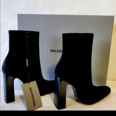 New Balenciaga Black Velvet Ankle Boots With Side Zipper. Box And Little Bag Shown In Pictures Included. The Shoes Have A Few Marks And Little Scuffs From Being In The Box Too Long, But That Can Easily Be Removed With A Soft Dry Brush. Trendy Stacked Heel Boots For Evening, Trendy High Ankle Heeled Boots For Evening, Designer Suede Heeled Boots For Formal Occasions, Designer Suede Heeled Boots For Formal Events, Designer High Ankle Heels, Designer Fitted High Ankle Heels, Designer Suede Heeled Boots With Pointed Toe, Designer Heeled Boots With Pointed Toe For Winter, Evening Heeled Boots With Block Heel, Medium Width