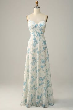 Zapakasa Women Bridesmaid Dress Blue Floral Print Spaghetti Straps Wedding Party Dress Super Cute Prom Dresses, Fancy Summer Dresses Long, Floral White Prom Dress, Lavender Floral Prom Dress, Casual Floor Length Dress, Long Simple Prom Dress, White Dress With Flower Embroidery, Sleeveless Satin Dress, Formal Floral Dress Long