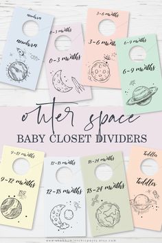 the outer space baby closet dividers are lined up in pastel colors and black ink