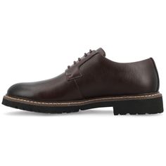 Introducing the Martin plain toe derby by Vance Co. These professional-style shoes are crafted with premium vegan leather, offering a sleek and business-savvy look. Featuring a 12 mm Tru Comfort Foam™ insole and a lace-up design, they provide all-day comfort and a secure fit. With a 1-1/4 inch block heel, round-toe shape, and padded tongue for extra comfort, the Martin derby combines professional style with maximum comfort, making it an ideal choice for the office or any occasion. Workwear Derby Shoes With Leather Sole And Moc Toe, Workwear Moc Toe Derby With Leather Sole, Moc Toe Derby With Leather Sole For Workwear, Leather Moc Toe Derby For Work, Brown Derby Shoes With Rubber Sole For Office, Oxford Lace-up Shoes With Moc Toe For Business Casual, Moc Toe Oxfords With Rubber Sole For Work, Plain Toe Leather Sole Oxfords For Work, Workwear Derby Shoes With Branded Insole And Almond Toe