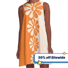 Loose-fit, mid-length sleeveless dress with silky handfeel. Printed on both sides. Machine washable. Size range XS-2XL. Minimal meets hippie in this bold design of 1960's pop art-inspired flowers in contrasting orange and cream. Fun and cute on clothing, and perfect with retro, minimal or contemporary decor. Go big! Go bold! Retro A-line Summer Dress, Orange A-line Summer Dress, Retro A-line Sleeveless Dress, Orange Retro Print Summer Dress, Retro Orange A-line Dresses, Vintage Sleeveless Beach Mini Dress, White Vintage Sleeveless Summer Dress, Vintage White Sleeveless Dress For Summer, White Vintage Sleeveless Dress For Summer