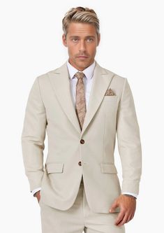 Hudson Ivory Cotton Suit - SARTORO Elegant Cotton Wedding Suit, Elegant Wedding Cotton Suits, Beige Notch Lapel Cotton Blazer, Beige Cotton Blazer With Suit Collar, Beige Cotton Notch Lapel Blazer, Beige Cotton Blazer With Single Button, Formal Cream Cotton Blazer, Beige Single Button Cotton Blazer, Tailored Beige Suit With Lapel Collar