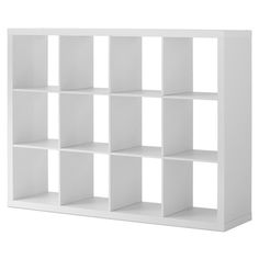 a white bookcase with eight cubes on the front and four shelves in the back