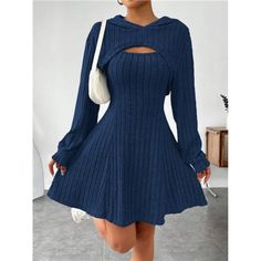 -Item Id 37701218 -Details: Cut Out, Rib-Knit -Neckline: Hooded -Sleeve Type: Flare Sleeve -Style: Casual -Color: Navy Blue -Pattern Type: Plain -Dresses Sleeve Length: Sleeveless -Tops Sleeve Length: Long Sleeve -Bottom Type: Skirt -Temperature: Spring/Fall (18-25/63-77) -Dresses Length: Short -Tops Length: Micro Crop -Fit Type: Regular Fit -Fabric: High Stretch -Dresses & Tops Material: Fabric -Dresses & Tops Composition: 96% Polyester, 4% Elastane -Care Instructions: Machine Wash Or Professio Flare Sleeve Dress Blue, Summer Bodycon Dresses, Tank Dresses Outfit, Elegant Hats, Ribbed Dress, Minimalist Dresses, Ribbed Dresses, Casual Sets, Womens Clothing Sizes