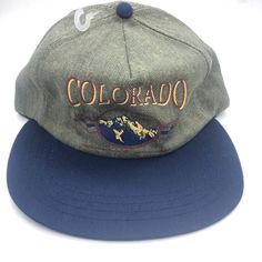 Vintage Colorado Mountains Made In Usa Baseball Cap Hat New Without Tags Casual Trucker Hat With Flat Bill For Travel, Casual Blue Snapback Hat For Travel, Vintage Winter Baseball Cap For Outdoor, Retro Short Brim Travel Hat, Retro Short Brim Hat For Travel, Retro Blue Cap Hat, Retro Blue Cap, Blue Retro Cap, Blue Retro Trucker Hat With Flat Brim