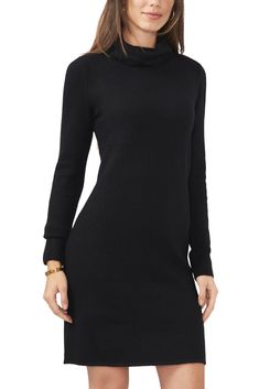 Vince Camuto-Turtleneck Sweater Dress - The little black dress is a closet classic and were loving this cozy sweater version. Styled with a draped turtleneck, the dress features long sleeves and ribbed trims. Wear it with little white boots for a monochromatic look. Clothing Size Guide Sweater Season, Sale Clothing, Turtleneck Sweater Dress, Long Sleeve Sweater Dress, White Boots, On Repeat, Large Size Dresses, Cozy Sweaters, Nordstrom Dresses