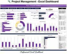 the project management dashboard is shown in purple and white, as well as an image of graphs