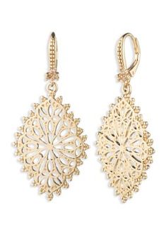 Elegant details and a unique design make these gorgeous gold-tone earrings from Marchesa a must-have for your next event. | Marchesa Gold Tone Filigree Drop Earrings Festive Gold Earrings, Gold Metal Drop Bridal Earrings, Elegant Metal Teardrop Earrings, Glamorous Gold-tone Jewelry For Wedding, Elegant Dangle Bridal Earrings For Festive Occasions, Glamorous Gold-tone Wedding Jewelry, Elegant Bridal Earrings For Festive Occasions, Elegant Festive Bridal Earrings, Gold-tone Pierced Jewelry For Party