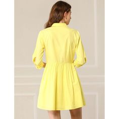 Designed with the shirt style, this dress makes weekend dressing simple with its relaxed fit shape. With the bright color, this piece is styled with a button-through design and finished with the tie detailing on the sleeves for a touch of femininity. Framed with a collar neckline and contemporary cropped sleeves, the waistline flows out into a lightly pleated flared skirt for a feminine finish that wears well with anything from sandals to trainers. Spring Collared Shirt Dress With Roll-up Sleeves, Solid Collared Shirt Dress For Day Out, Solid Color Collared Shirt Dress For Day Out, Spring Button-up Dress With Rolled Sleeves, Spring Dresses With Rolled Sleeves And Button-up, Spring Button-up Shirt Dress With Placket, Spring Day Out Dress With Roll-up Sleeves, Spring Solid Knee-length Shirt Dress, Spring Cotton Shirt Dress With Collared Neckline