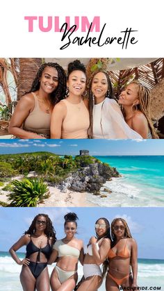 three women in bikinis standing on the beach and posing for a photo with their arms around each other