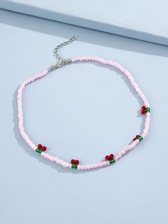 Cherry Decor Beaded Necklace Trendy Party Beaded Necklace With Heart Beads, Casual Round Bead Necklaces For Party, Party Letter Beaded Necklaces, Party Beaded Necklaces With Letter And Round Beads, Casual Beaded Necklace With Faceted Round Beads, Casual Pink Beaded Necklaces, Trendy Tiny Beads Necklace For Party, Casual Pink Beaded Chain Necklace, Casual Pink Necklace With Tiny Beads