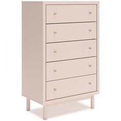 a white dresser with four drawers and two handles on the bottom, in front of a white background