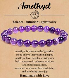 PRICES MAY VARY. 【Natural Crystal Bracelet】 Amethyst corresponds to the eyebrow wheel in the seven wheel system, responsible for wisdom and creativity, and enhancing intuition. Perfect for friends who need a lot of brain activity. 【Perfect Healing Bracelet】 Embrace the vibrant and harmonizing vibes of natural crystal stone. Natural stone bracelet can promote balance, allowing you to navigate life with confidence and enthusiasm. May wearing this spiritual crystal bracelet brings you some healing Spiritual Jewelry Crystal, Crystal Bracelets Meaning, Gems Quotes, Crystal Meanings Charts, Amethyst Crystal Bracelet, Intention Bracelets, Brain Activity, Healing Gemstone Bracelets, Bracelets With Meaning