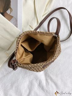 BirdinBag - Chic Straw Bag with Letter Patch Decoration Square Bucket Bag With Adjustable Strap For Travel, Beach Crossbody Box Bag With Adjustable Strap, Beige Rectangular Bags With Adjustable Handle, Casual Satchel Shoulder Bag With Adjustable Strap, Beige Rectangular Straw Bag With Adjustable Handle, Rectangular Beige Bucket Bag With Adjustable Strap, Casual Square Box Bag With Removable Pouch, Large Capacity Crossbody Straw Bag For Travel, Brown Square Bag With Adjustable Handle